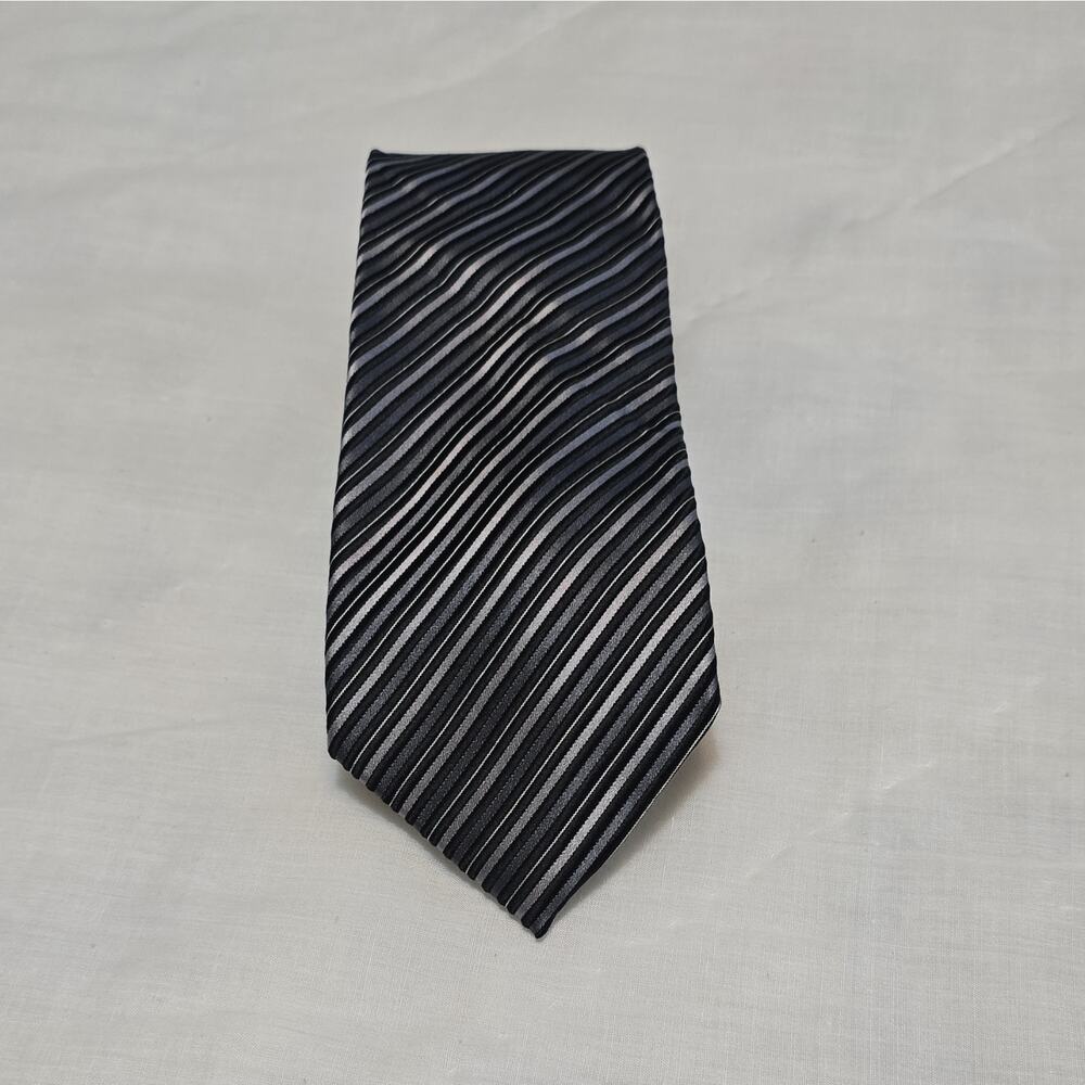 Donald J. Trump Silk Woven Striped Tie Black Gray Logo w/ Gold Bar